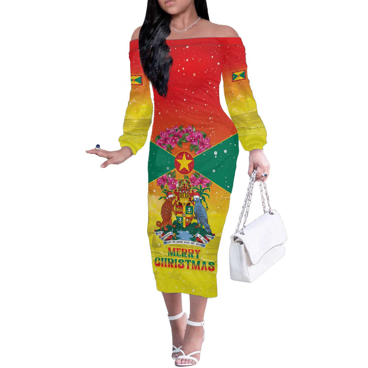 Personalized Grenada Christmas Off The Shoulder Long Sleeve Dress Coat Of Arms Bougainvillea Wreath - Wonder Print Shop