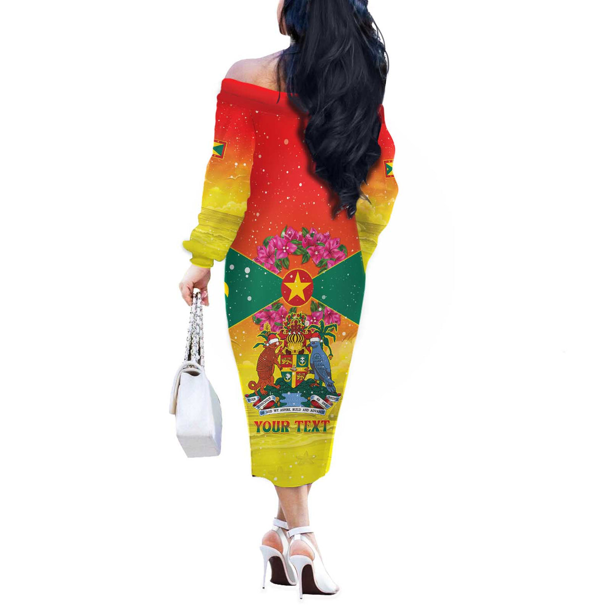Personalized Grenada Christmas Off The Shoulder Long Sleeve Dress Coat Of Arms Bougainvillea Wreath - Wonder Print Shop