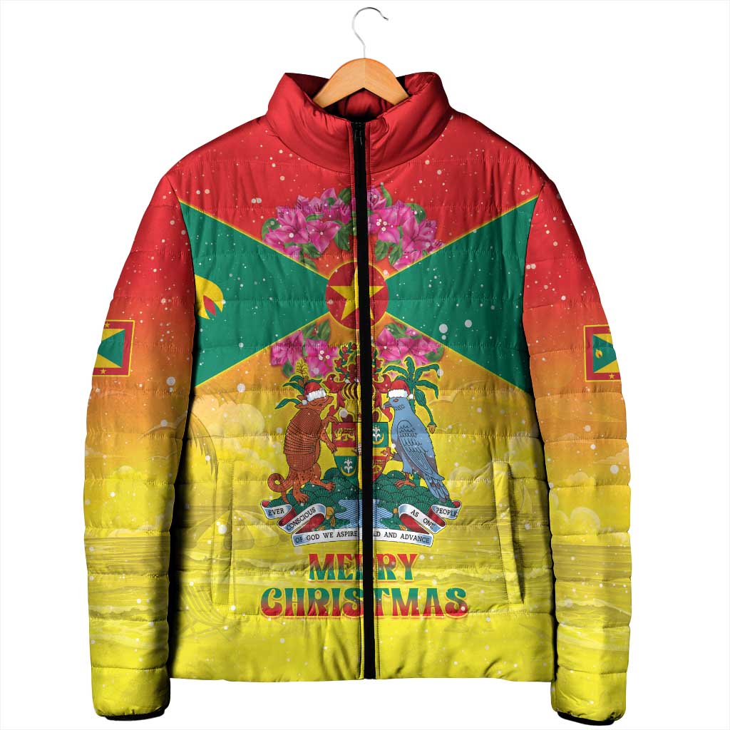 Personalized Grenada Christmas Padded Jacket Coat Of Arms Bougainvillea Wreath - Wonder Print Shop