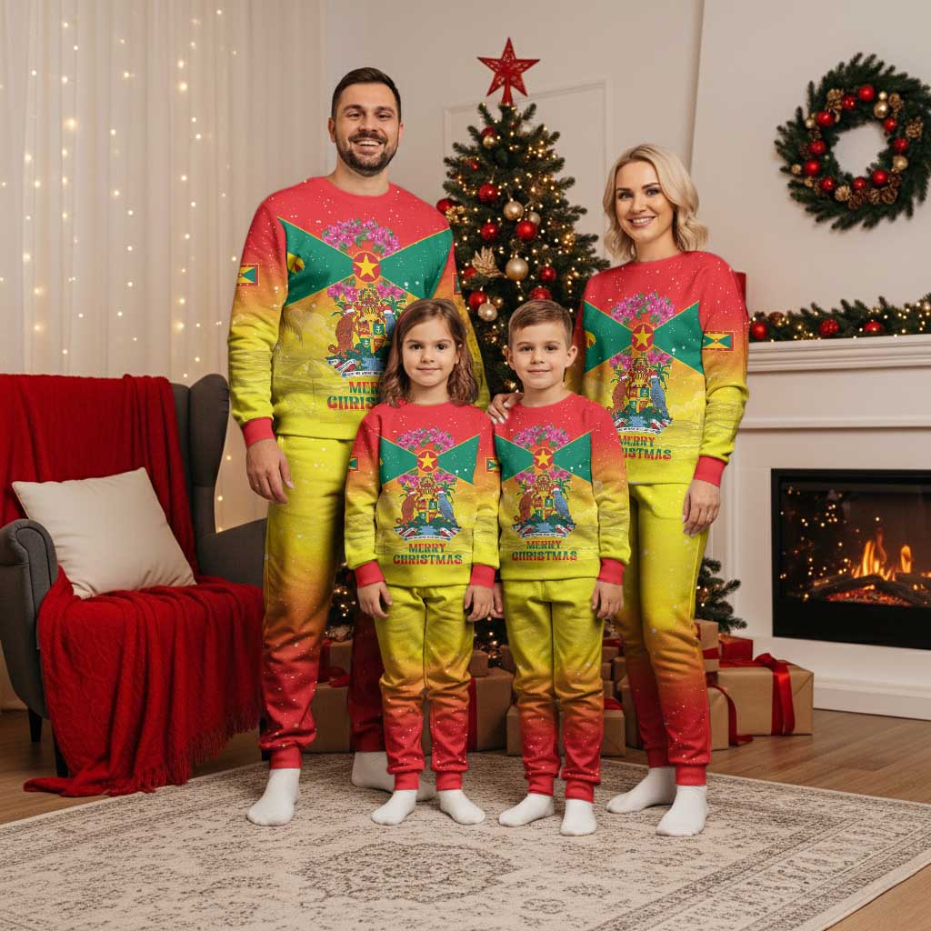 Personalized Grenada Christmas Pajama Set Coat Of Arms Bougainvillea Wreath - Wonder Print Shop