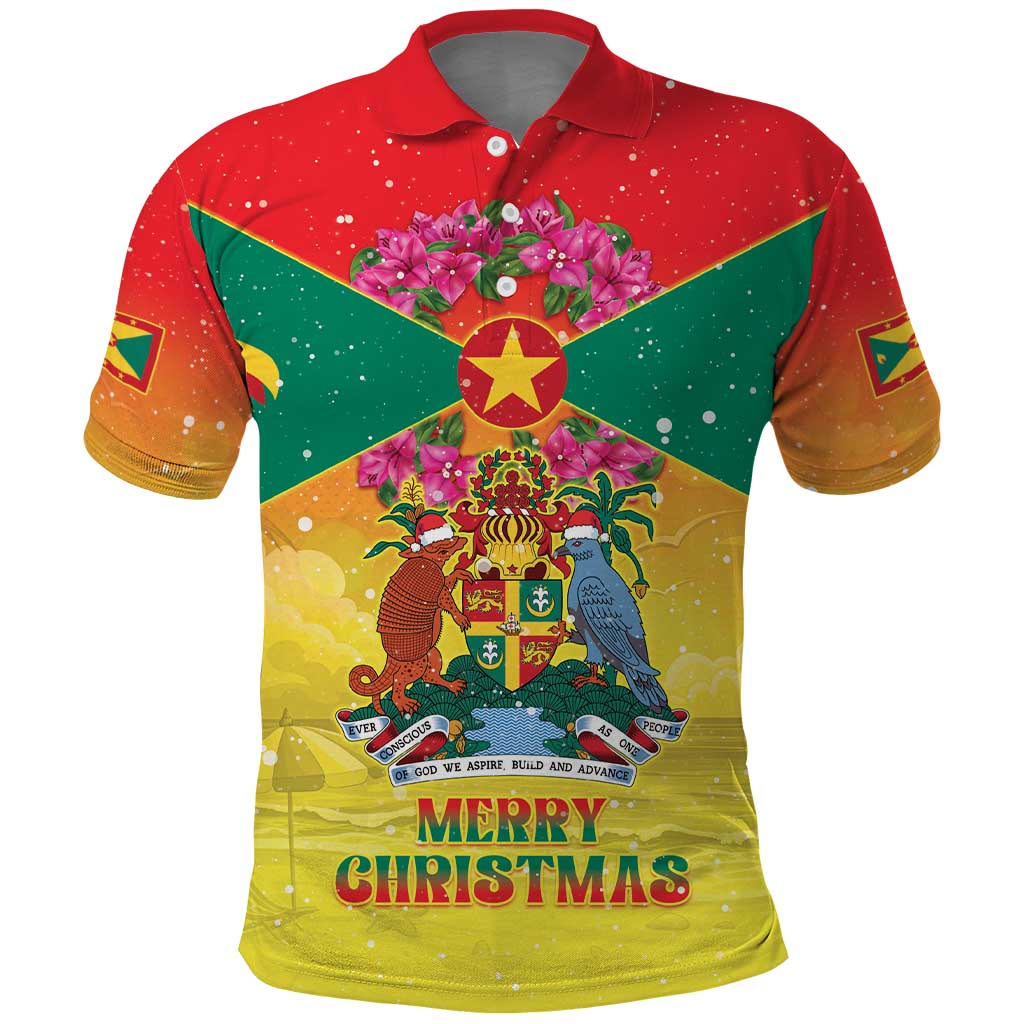 Personalized Grenada Christmas Polo Shirt Coat Of Arms Bougainvillea Wreath - Wonder Print Shop