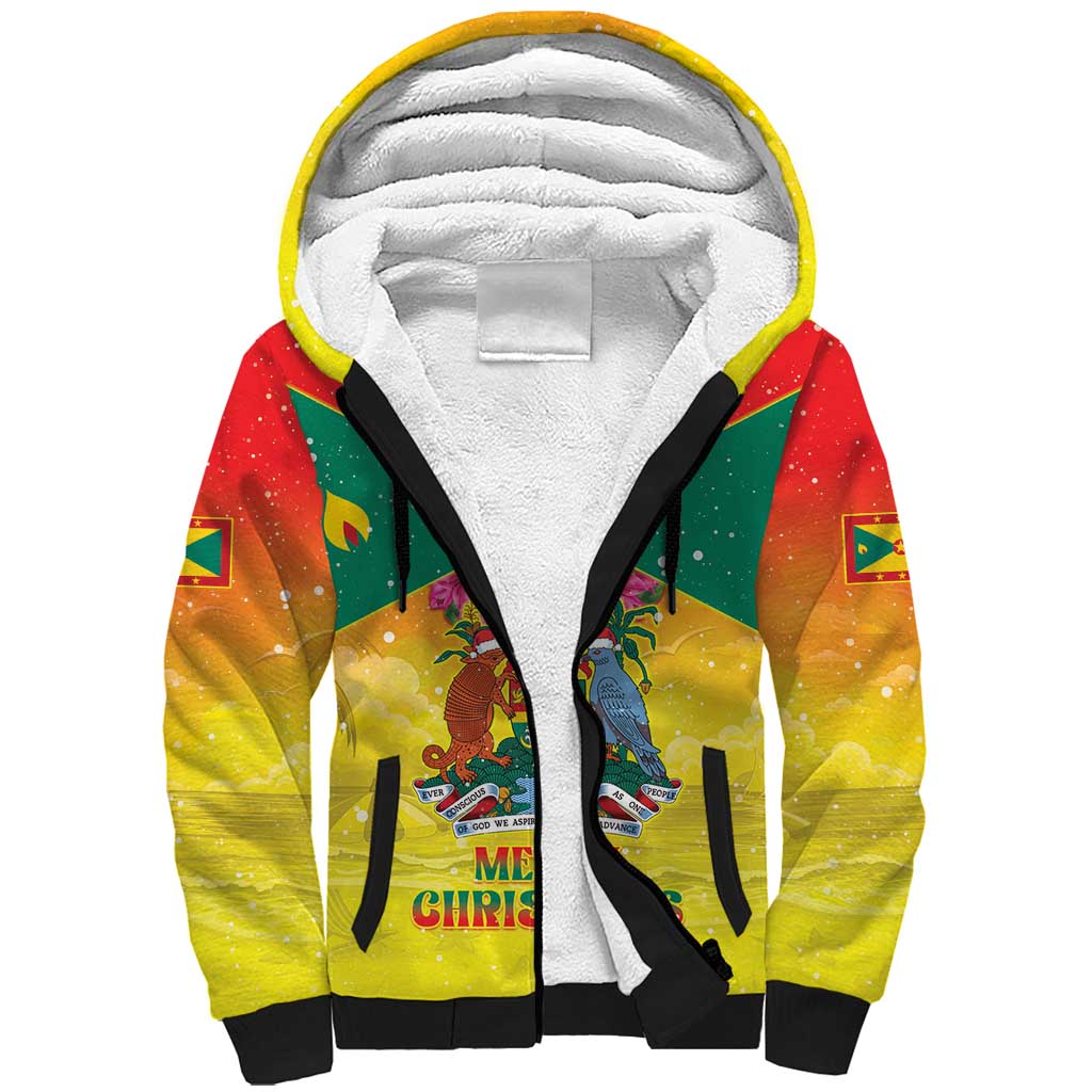 Personalized Grenada Christmas Sherpa Hoodie Coat Of Arms Bougainvillea Wreath - Wonder Print Shop