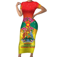 Personalized Grenada Christmas Short Sleeve Bodycon Dress Coat Of Arms Bougainvillea Wreath - Wonder Print Shop