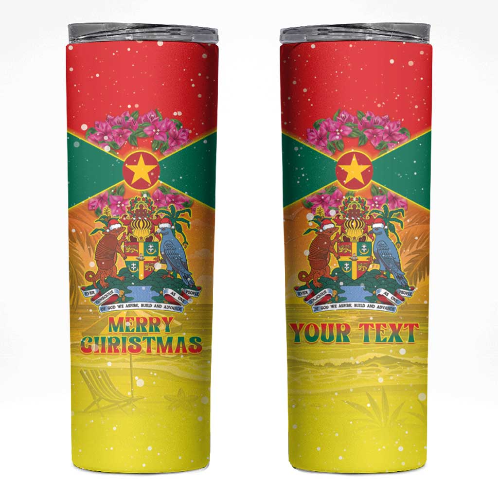 Personalized Grenada Christmas Skinny Tumbler Coat Of Arms Bougainvillea Wreath - Wonder Print Shop