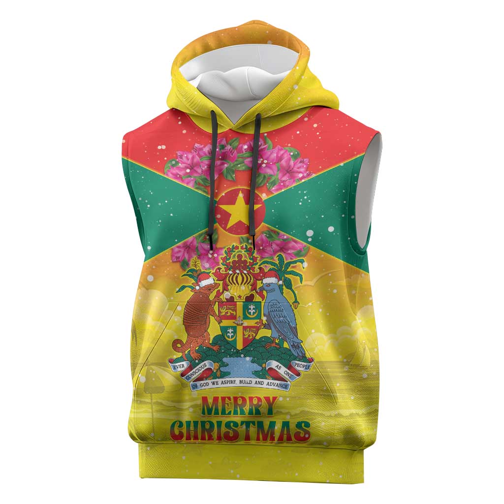 Personalized Grenada Christmas Sleeveless Hoodie Coat Of Arms Bougainvillea Wreath - Wonder Print Shop