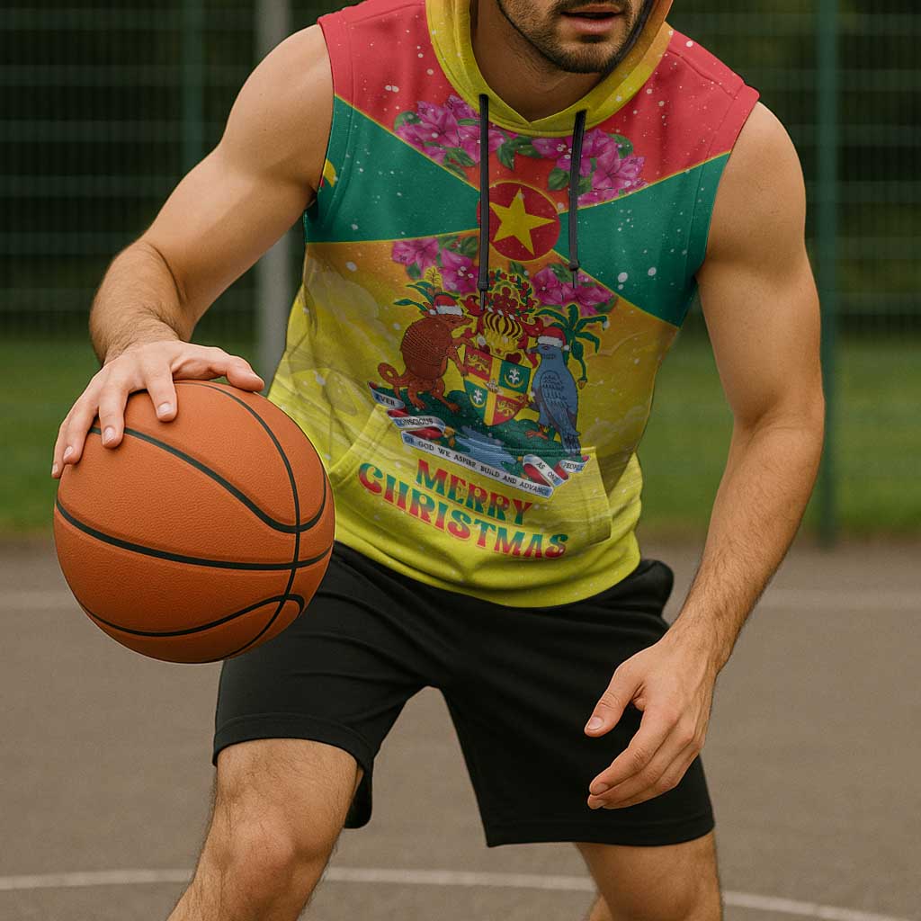 Personalized Grenada Christmas Sleeveless Hoodie Coat Of Arms Bougainvillea Wreath - Wonder Print Shop