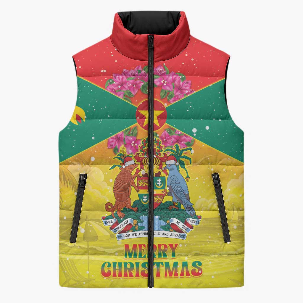 Personalized Grenada Christmas Sleeveless Puffer Jacket Coat Of Arms Bougainvillea Wreath - Wonder Print Shop