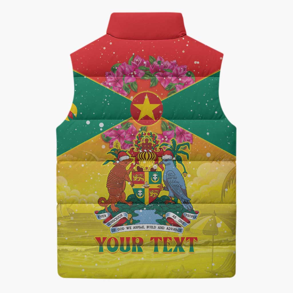 Personalized Grenada Christmas Sleeveless Puffer Jacket Coat Of Arms Bougainvillea Wreath - Wonder Print Shop