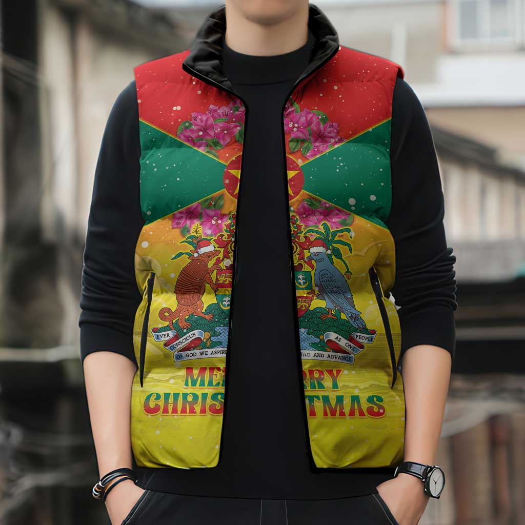 Personalized Grenada Christmas Sleeveless Puffer Jacket Coat Of Arms Bougainvillea Wreath - Wonder Print Shop