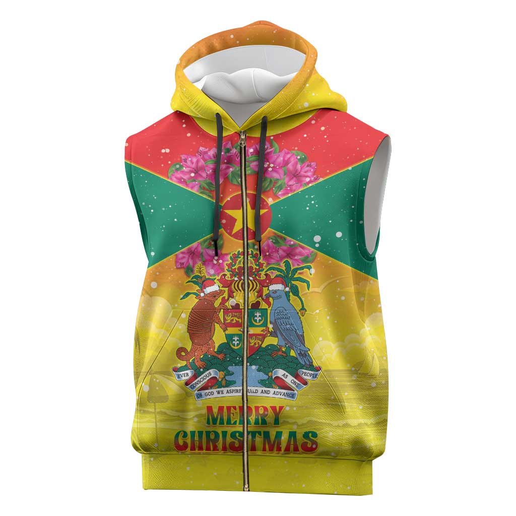 Personalized Grenada Christmas Sleeveless Zip Hoodie Coat Of Arms Bougainvillea Wreath - Wonder Print Shop