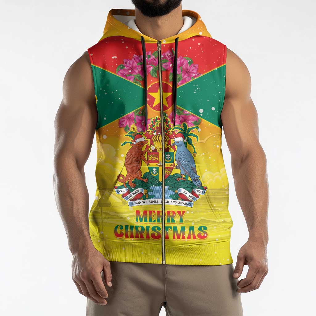 Personalized Grenada Christmas Sleeveless Zip Hoodie Coat Of Arms Bougainvillea Wreath - Wonder Print Shop