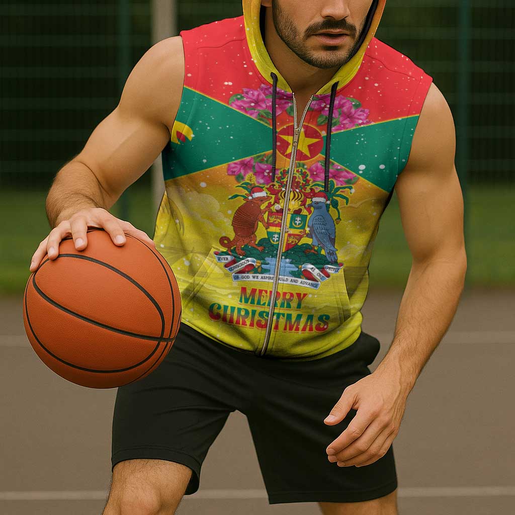 Personalized Grenada Christmas Sleeveless Zip Hoodie Coat Of Arms Bougainvillea Wreath - Wonder Print Shop