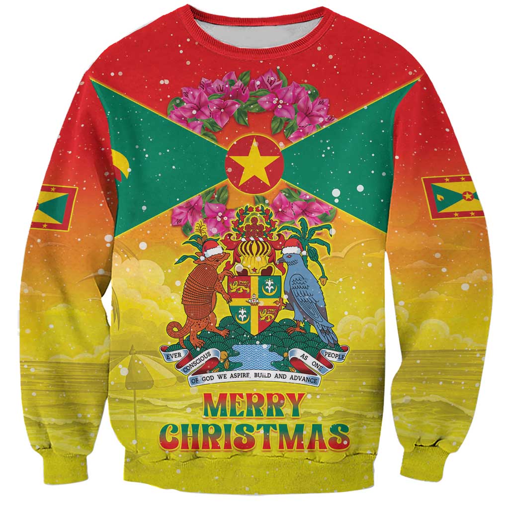 Personalized Grenada Christmas Sweatshirt Coat Of Arms Bougainvillea Wreath - Wonder Print Shop