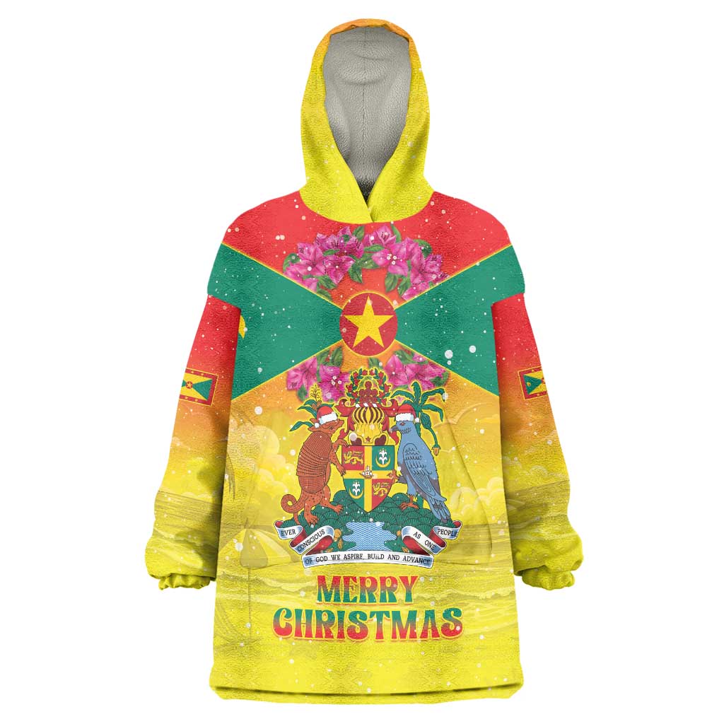 Personalized Grenada Christmas Wearable Blanket Hoodie Coat Of Arms Bougainvillea Wreath - Wonder Print Shop