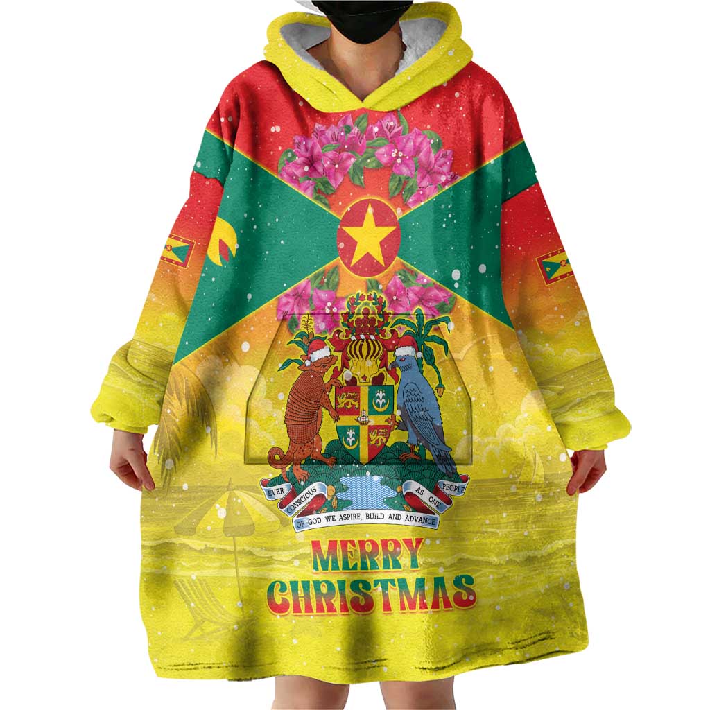 Personalized Grenada Christmas Wearable Blanket Hoodie Coat Of Arms Bougainvillea Wreath - Wonder Print Shop