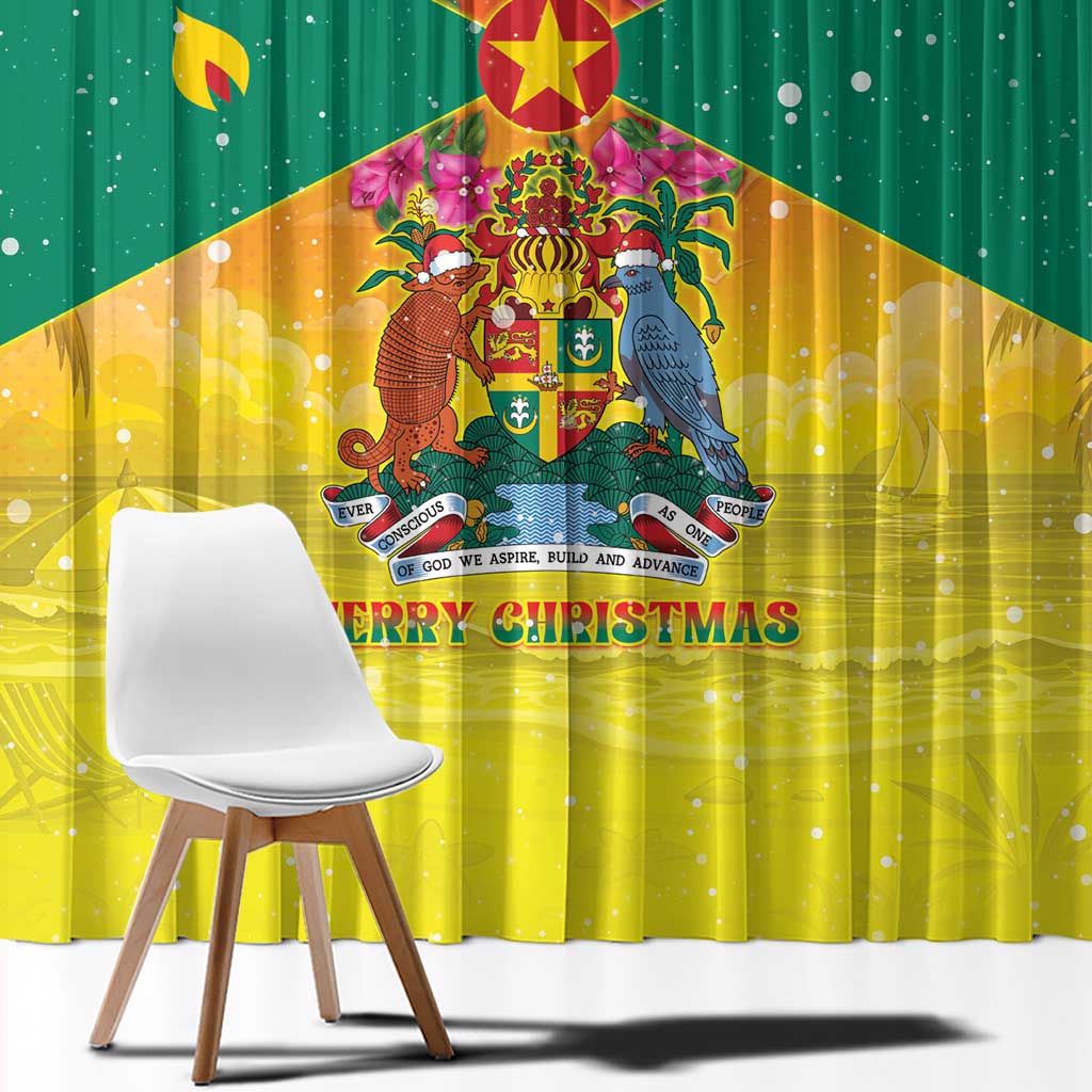 Grenada Christmas Window Curtain Coat Of Arms Bougainvillea Wreath - Wonder Print Shop