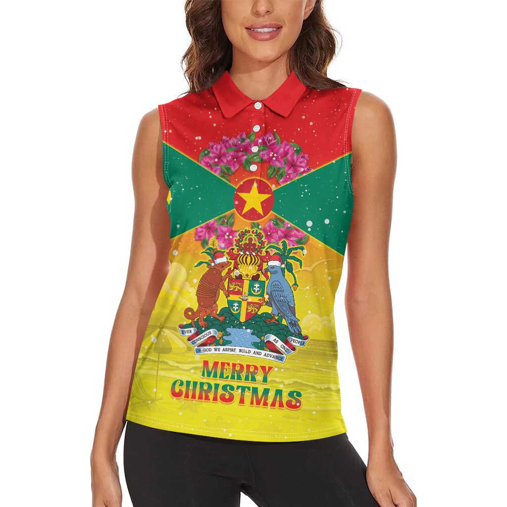 Personalized Grenada Christmas Women Sleeveless Polo Shirt Coat Of Arms Bougainvillea Wreath - Wonder Print Shop