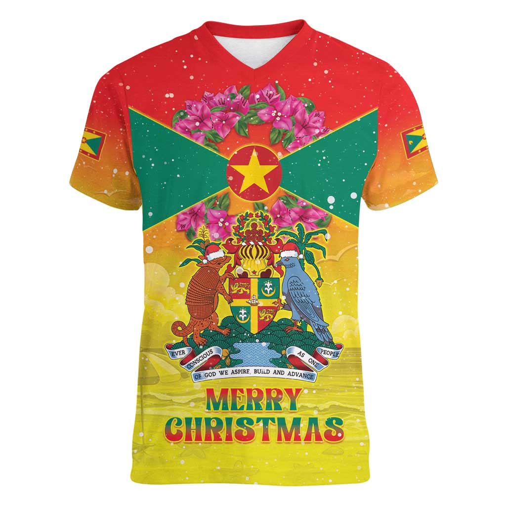Personalized Grenada Christmas Women V-Neck T-Shirt Coat Of Arms Bougainvillea Wreath - Wonder Print Shop