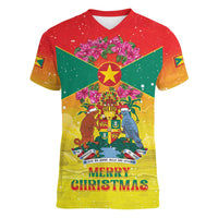 Personalized Grenada Christmas Women V-Neck T-Shirt Coat Of Arms Bougainvillea Wreath - Wonder Print Shop