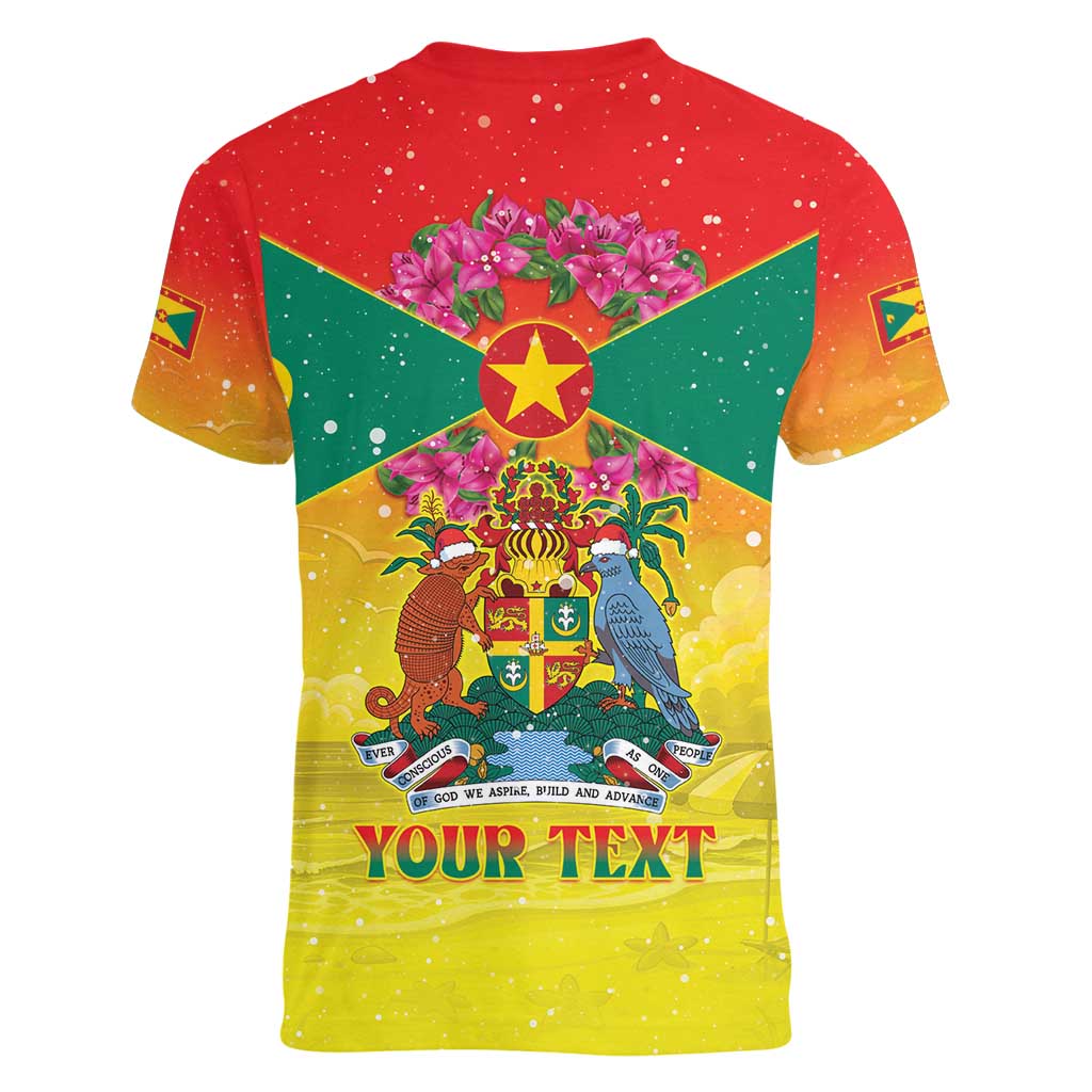 Personalized Grenada Christmas Women V-Neck T-Shirt Coat Of Arms Bougainvillea Wreath - Wonder Print Shop