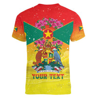 Personalized Grenada Christmas Women V-Neck T-Shirt Coat Of Arms Bougainvillea Wreath - Wonder Print Shop