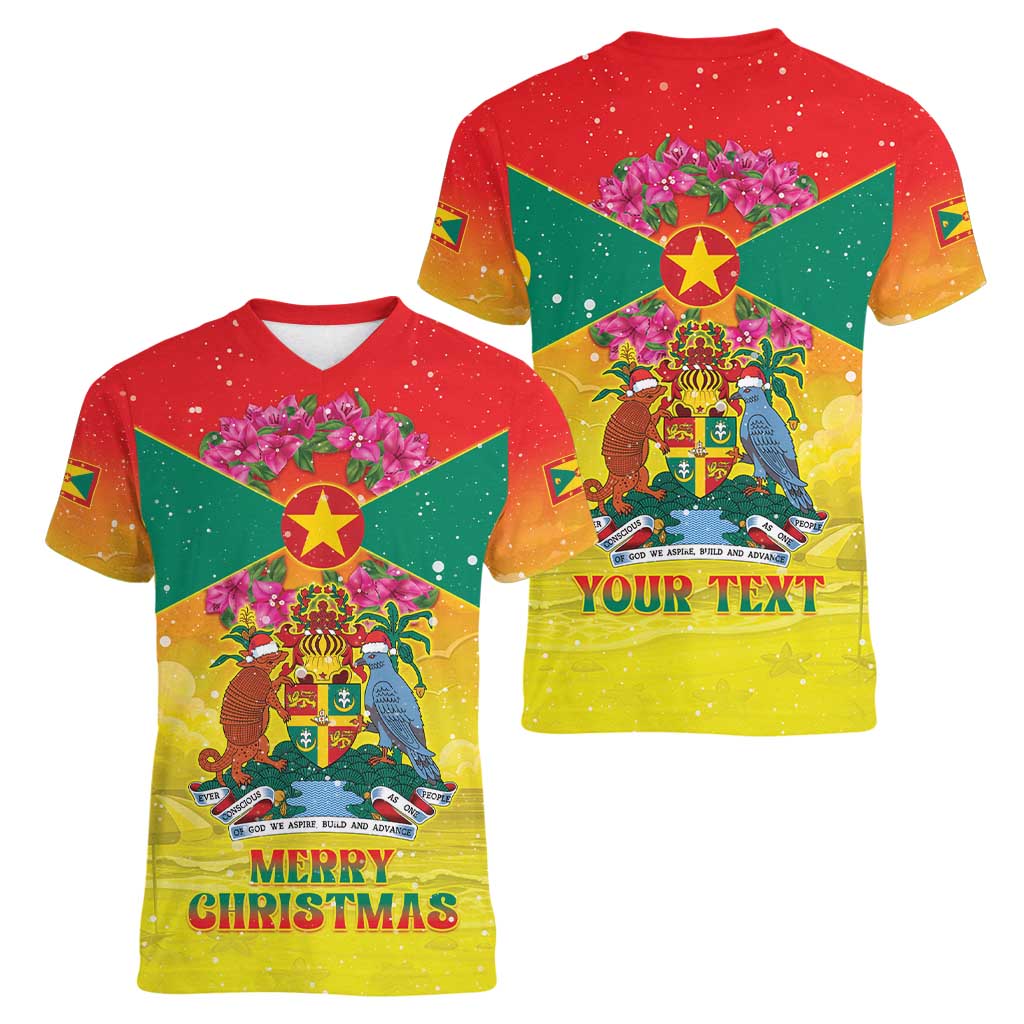 Personalized Grenada Christmas Women V-Neck T-Shirt Coat Of Arms Bougainvillea Wreath - Wonder Print Shop