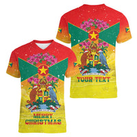 Personalized Grenada Christmas Women V-Neck T-Shirt Coat Of Arms Bougainvillea Wreath - Wonder Print Shop