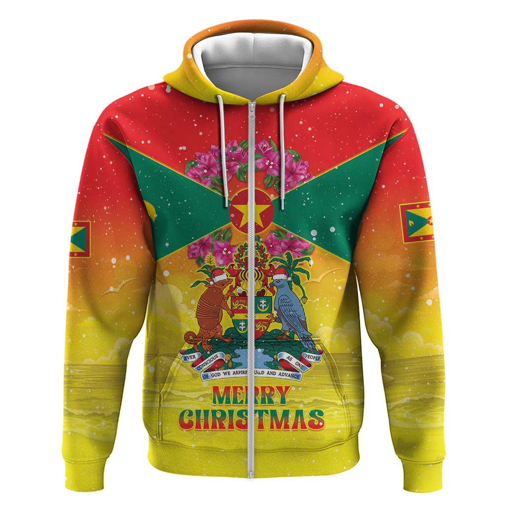 Personalized Grenada Christmas Zip Hoodie Coat Of Arms Bougainvillea Wreath - Wonder Print Shop