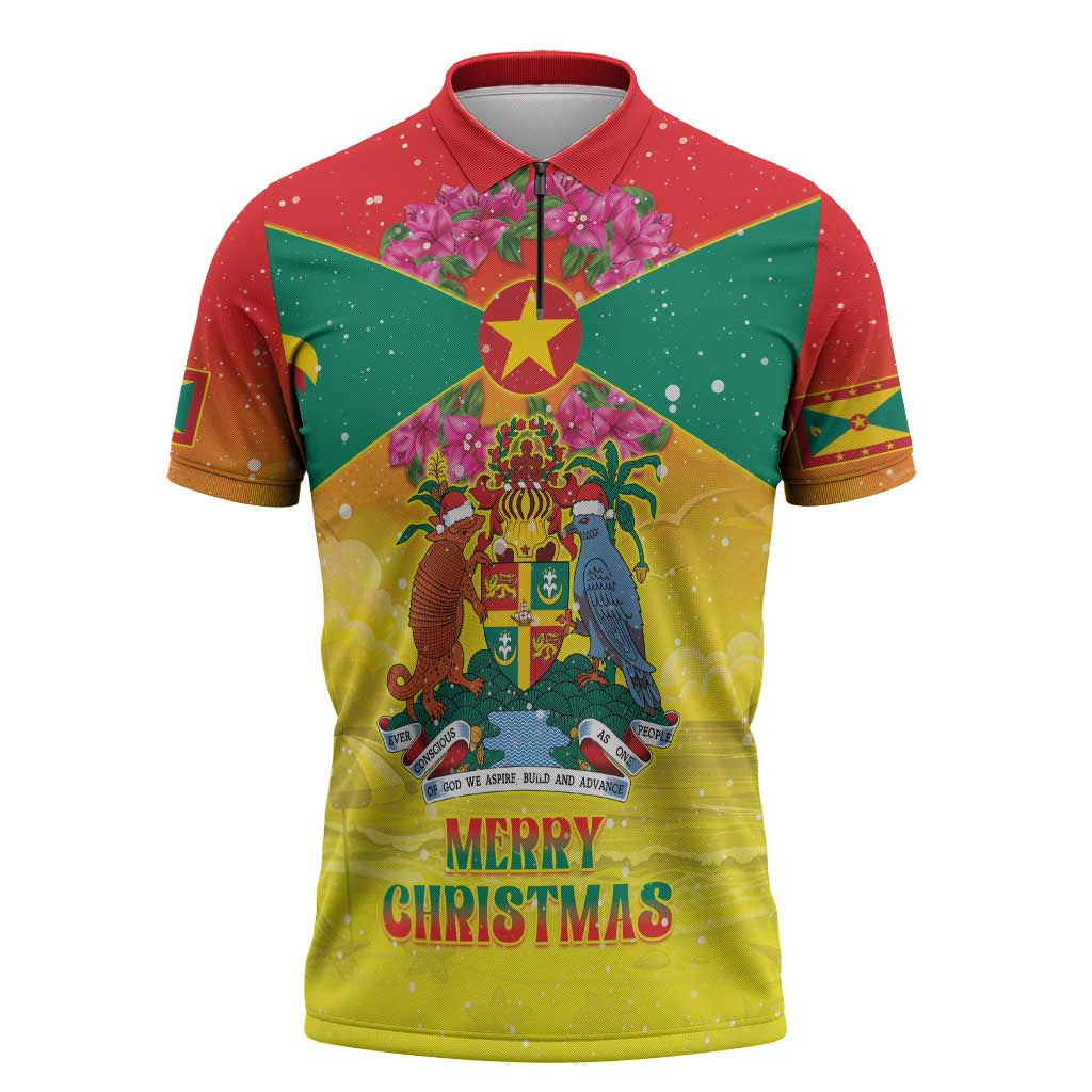 Personalized Grenada Christmas Zipper Polo Shirt Coat Of Arms Bougainvillea Wreath - Wonder Print Shop