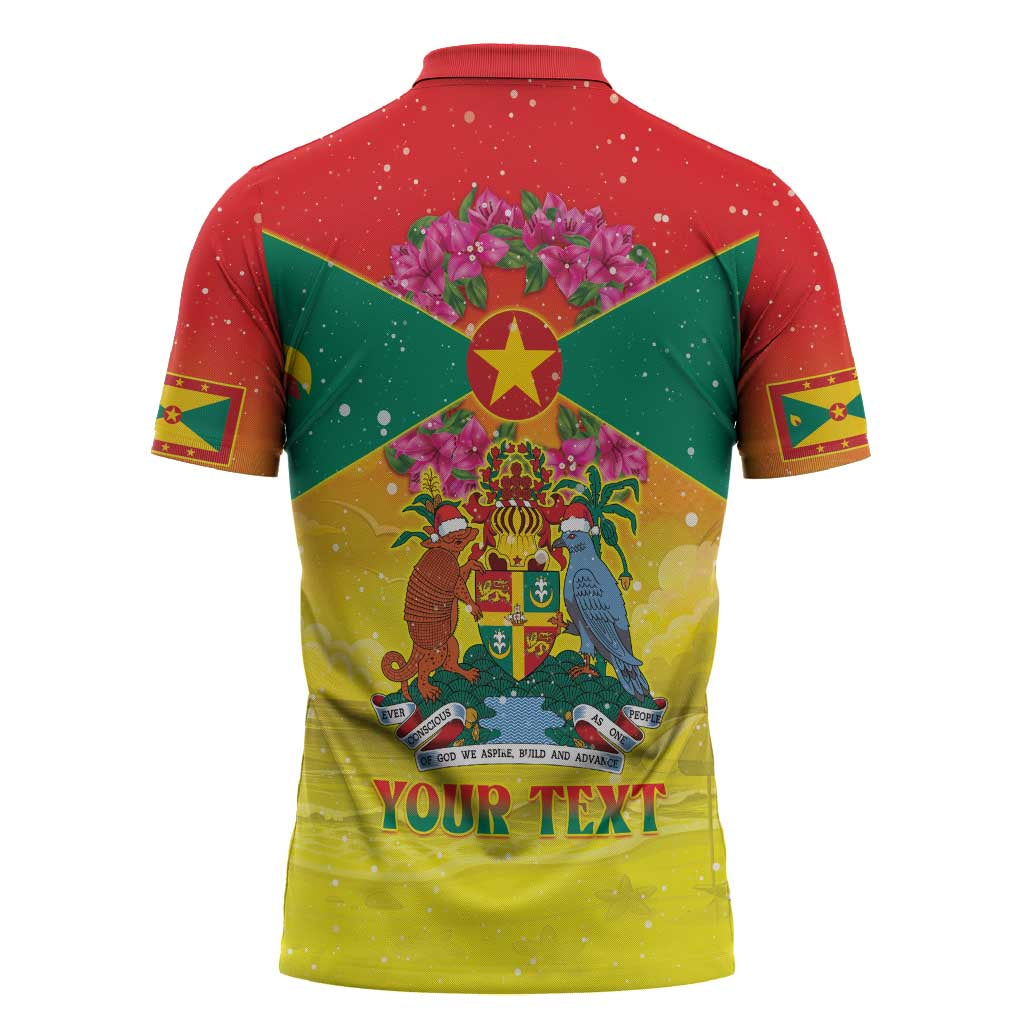 Personalized Grenada Christmas Zipper Polo Shirt Coat Of Arms Bougainvillea Wreath - Wonder Print Shop