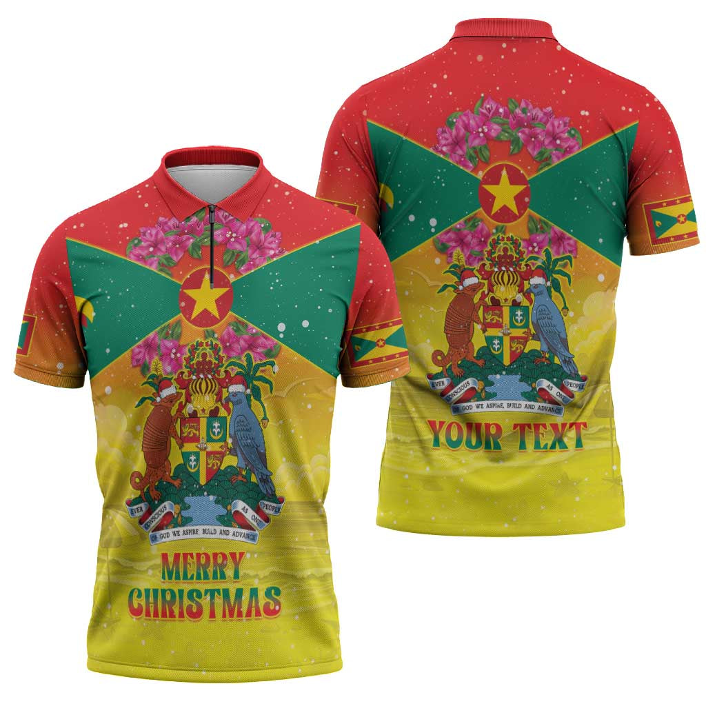 Personalized Grenada Christmas Zipper Polo Shirt Coat Of Arms Bougainvillea Wreath - Wonder Print Shop