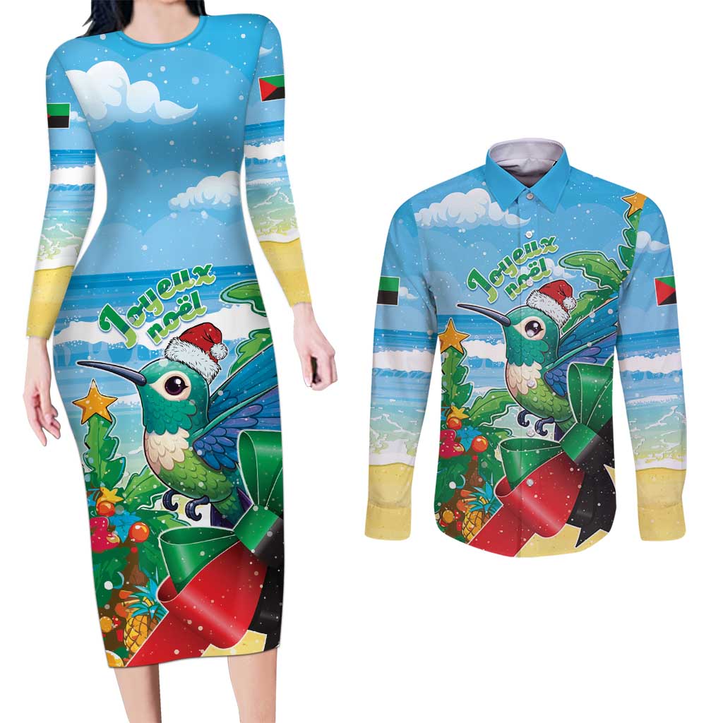 Martinique Christmas Couples Matching Long Sleeve Bodycon Dress and Long Sleeve Button Shirt Santa Hummingbird - Wonder Print Shop