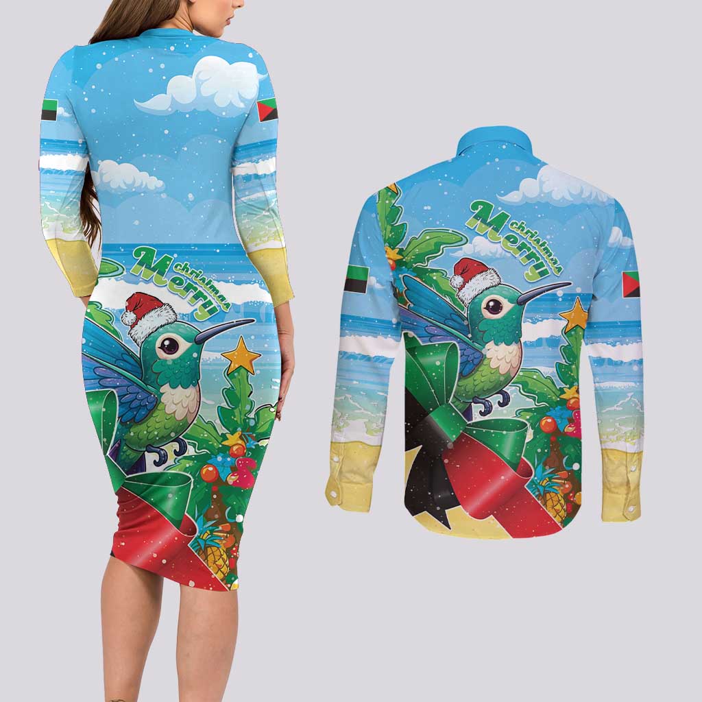 Martinique Christmas Couples Matching Long Sleeve Bodycon Dress and Long Sleeve Button Shirt Santa Hummingbird - Wonder Print Shop