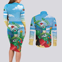 Martinique Christmas Couples Matching Long Sleeve Bodycon Dress and Long Sleeve Button Shirt Santa Hummingbird - Wonder Print Shop