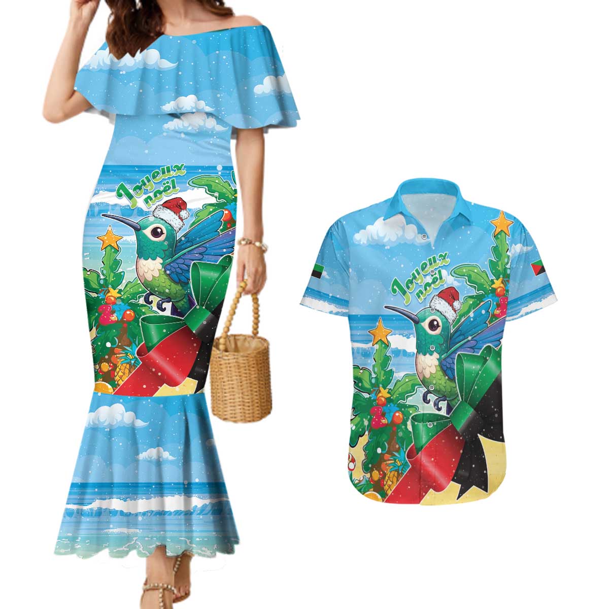 Martinique Christmas Couples Matching Mermaid Dress and Hawaiian Shirt Santa Hummingbird - Wonder Print Shop