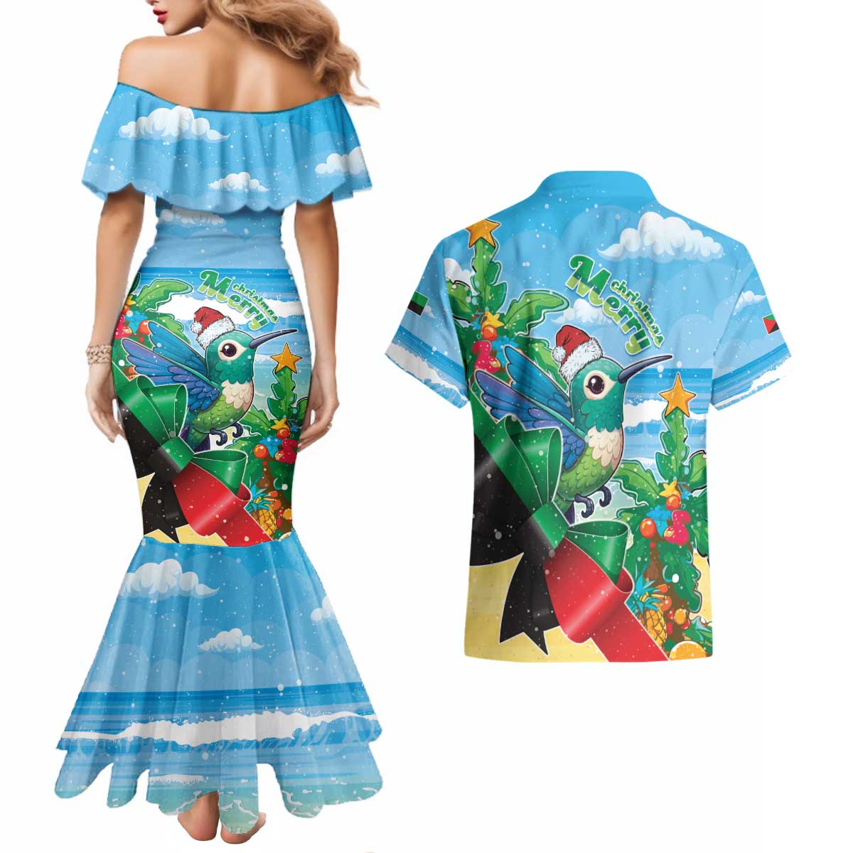 Martinique Christmas Couples Matching Mermaid Dress and Hawaiian Shirt Santa Hummingbird - Wonder Print Shop