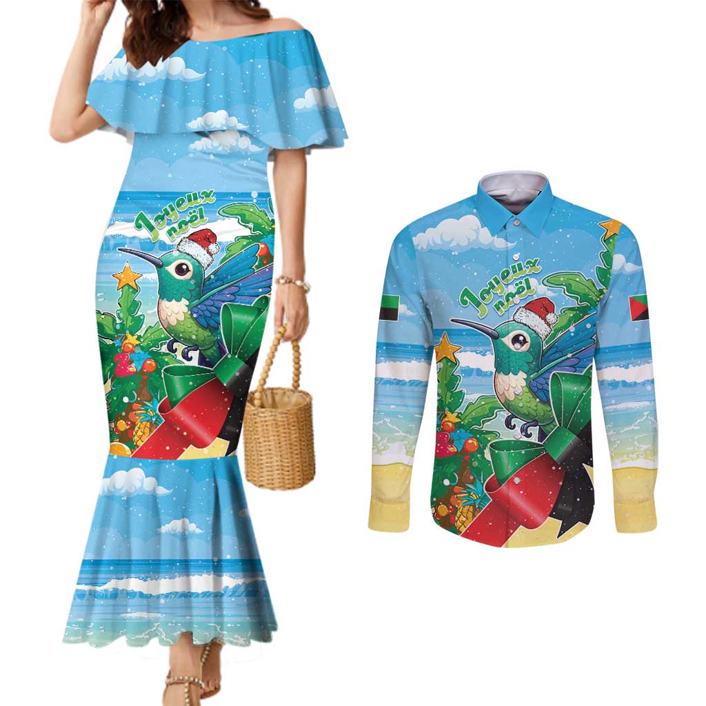 Martinique Christmas Couples Matching Mermaid Dress and Long Sleeve Button Shirt Santa Hummingbird - Wonder Print Shop