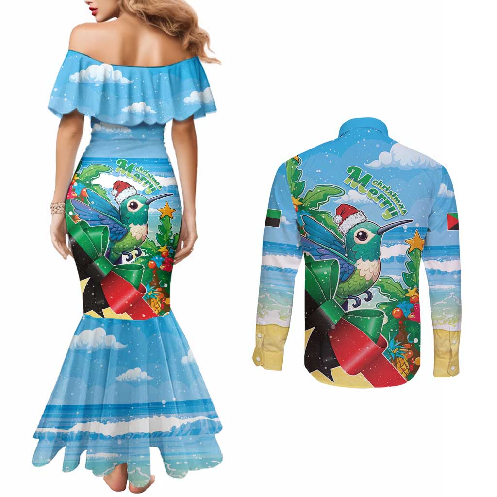 Martinique Christmas Couples Matching Mermaid Dress and Long Sleeve Button Shirt Santa Hummingbird - Wonder Print Shop