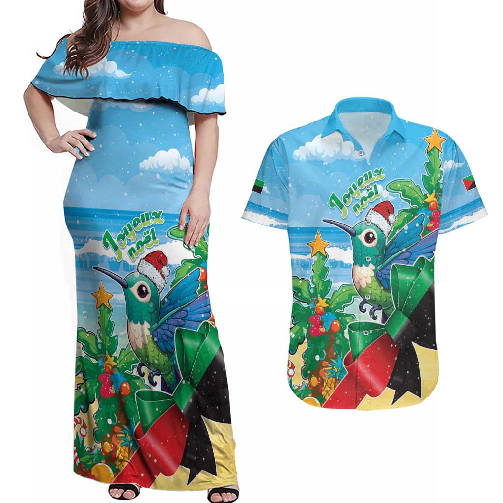 Martinique Christmas Couples Matching Off Shoulder Maxi Dress and Hawaiian Shirt Santa Hummingbird - Wonder Print Shop