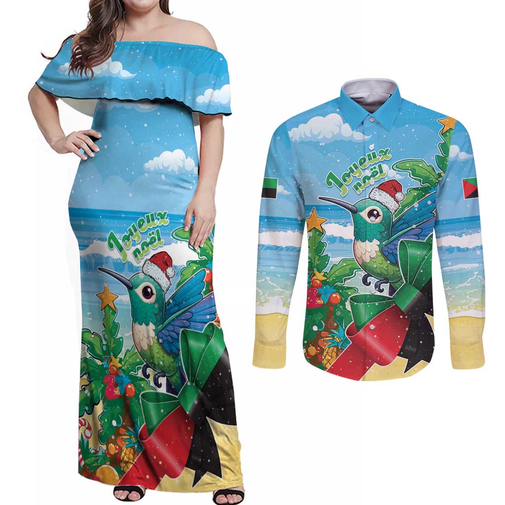 Martinique Christmas Couples Matching Off Shoulder Maxi Dress and Long Sleeve Button Shirt Santa Hummingbird - Wonder Print Shop
