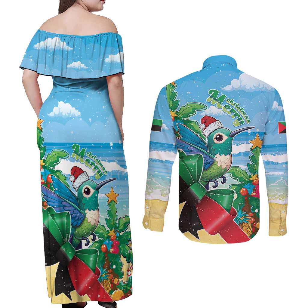 Martinique Christmas Couples Matching Off Shoulder Maxi Dress and Long Sleeve Button Shirt Santa Hummingbird - Wonder Print Shop