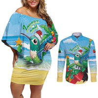 Martinique Christmas Couples Matching Off Shoulder Short Dress and Long Sleeve Button Shirt Santa Hummingbird - Wonder Print Shop