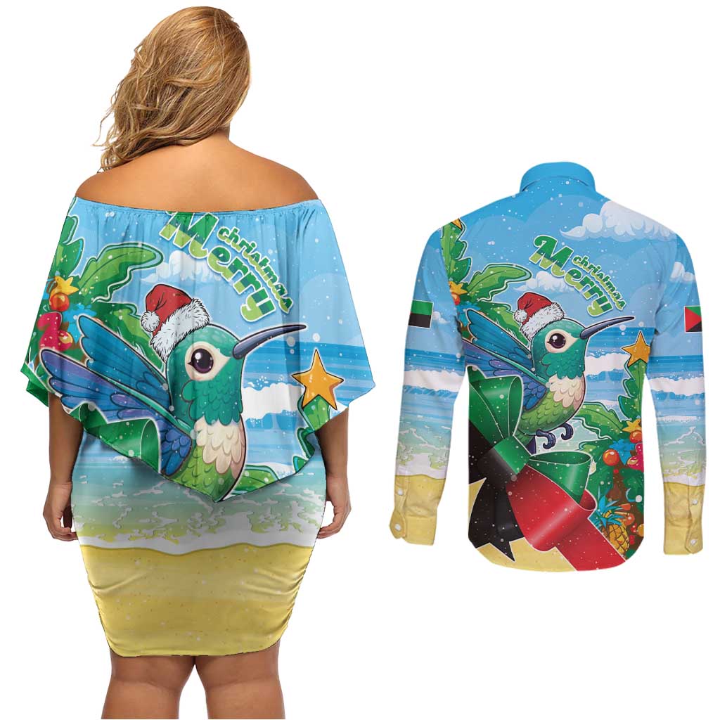 Martinique Christmas Couples Matching Off Shoulder Short Dress and Long Sleeve Button Shirt Santa Hummingbird - Wonder Print Shop