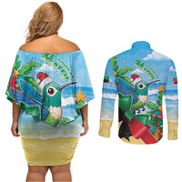 Martinique Christmas Couples Matching Off Shoulder Short Dress and Long Sleeve Button Shirt Santa Hummingbird - Wonder Print Shop