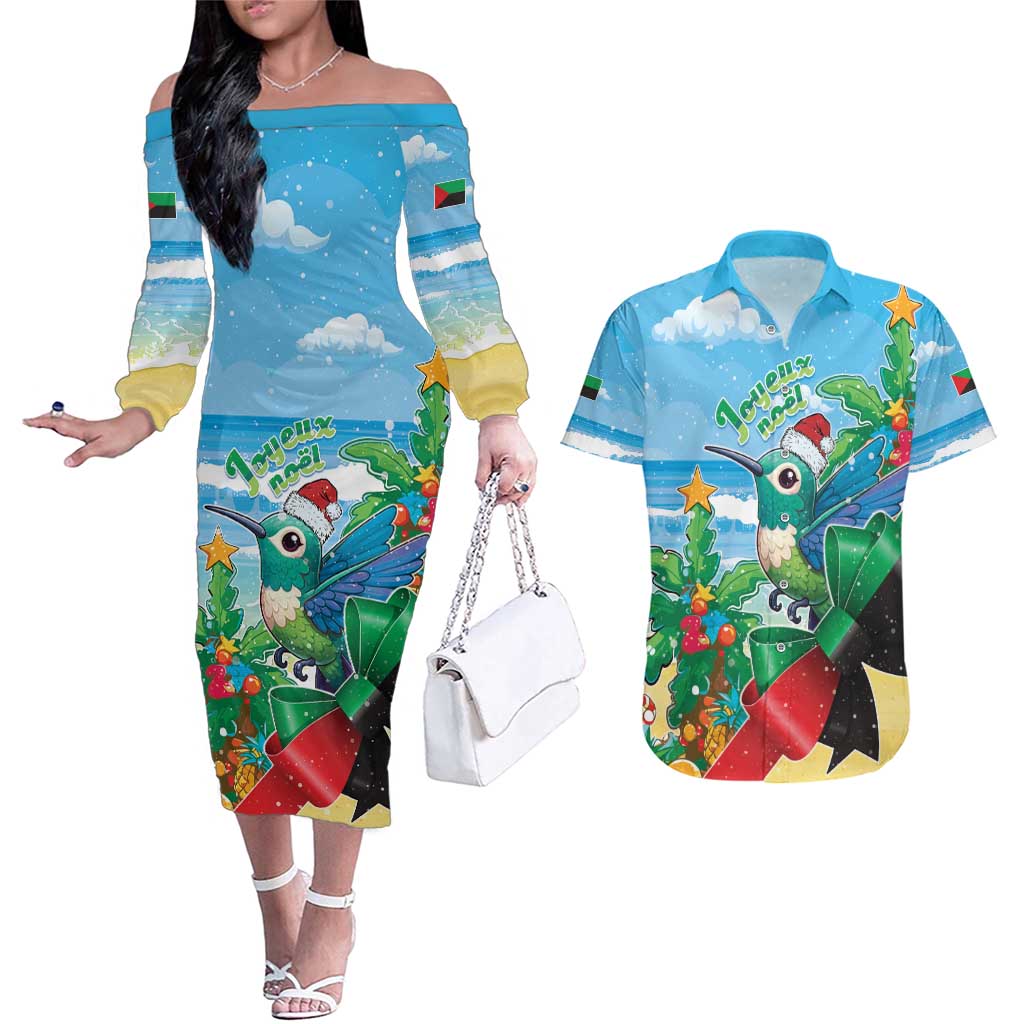 Martinique Christmas Couples Matching Off The Shoulder Long Sleeve Dress and Hawaiian Shirt Santa Hummingbird - Wonder Print Shop
