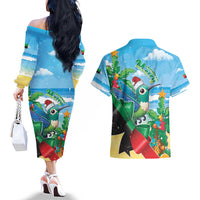 Martinique Christmas Couples Matching Off The Shoulder Long Sleeve Dress and Hawaiian Shirt Santa Hummingbird - Wonder Print Shop