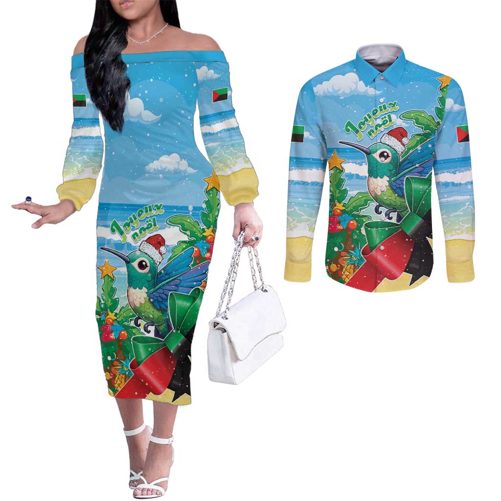 Martinique Christmas Couples Matching Off The Shoulder Long Sleeve Dress and Long Sleeve Button Shirt Santa Hummingbird - Wonder Print Shop