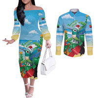 Martinique Christmas Couples Matching Off The Shoulder Long Sleeve Dress and Long Sleeve Button Shirt Santa Hummingbird - Wonder Print Shop