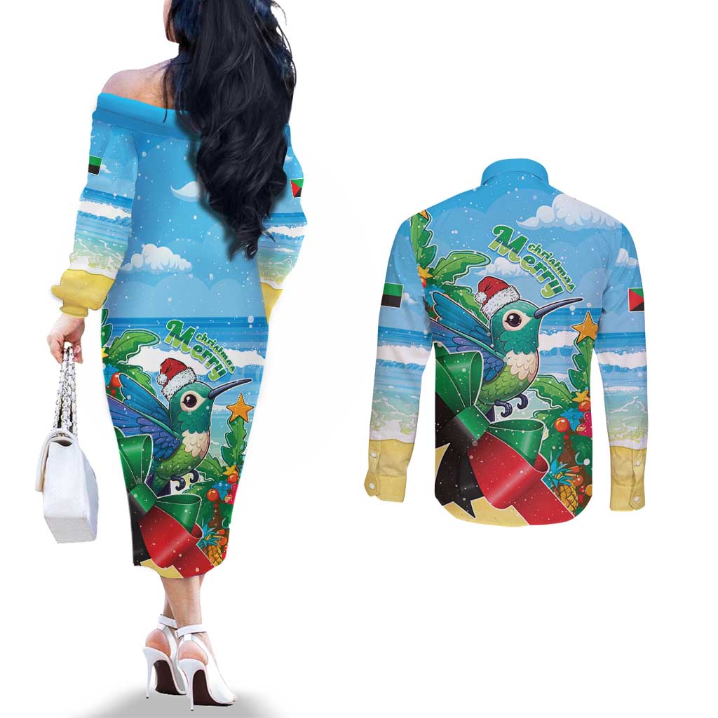 Martinique Christmas Couples Matching Off The Shoulder Long Sleeve Dress and Long Sleeve Button Shirt Santa Hummingbird - Wonder Print Shop
