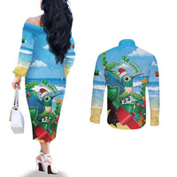 Martinique Christmas Couples Matching Off The Shoulder Long Sleeve Dress and Long Sleeve Button Shirt Santa Hummingbird - Wonder Print Shop